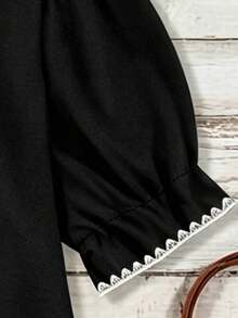 EMERY ROSE Plus Size Casual Medieval Minimalist Style Black And White Shell Embroidery Decorated Square Neck Shirt Suitable For Spring And Summer Vacation - Black - View 3