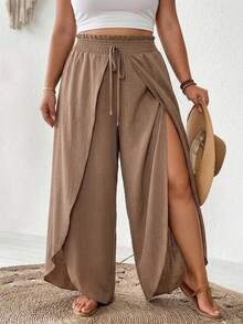 SHEIN CURVE+ Plus Size Women's Solid Color Tie Waist Loose Wide Leg Pants - Khaki - View 4