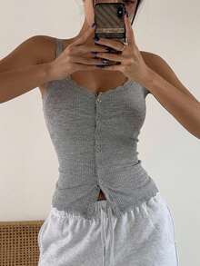 Dazy Designer Women Lace Patchwork Tie Front Slim Fit Camisole Top Going Out Tops Summer - Light Grey - View 14
