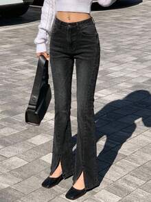 Joudiya Split Flare Jeans - Dark Grey - View 8