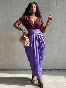 BamGlimmer Women's Contrast Color Deep V-Neck Waist-Defining Fashion Design Long Dress - Purple - View 5