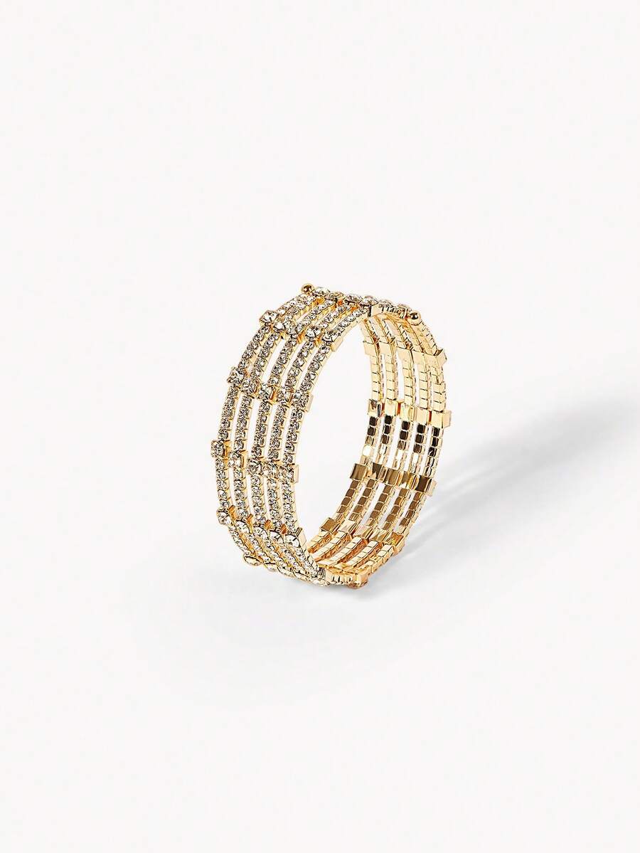 Opalesca Pulseira Aberta E Envolvida Com Strass Fashion Multicamadas Com Punho Feito À Mão Para Mulheres - Ouro - Ver 1