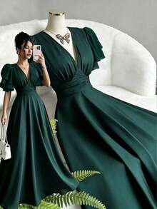 Elenzga Women's Summer Elegant Dark Green Shirred Waist Fit And Flare Dress,Sophisticated Party Cocktail Gown,Versatile Gathered Design For Date&Beach Wear - Dark Green - View 1