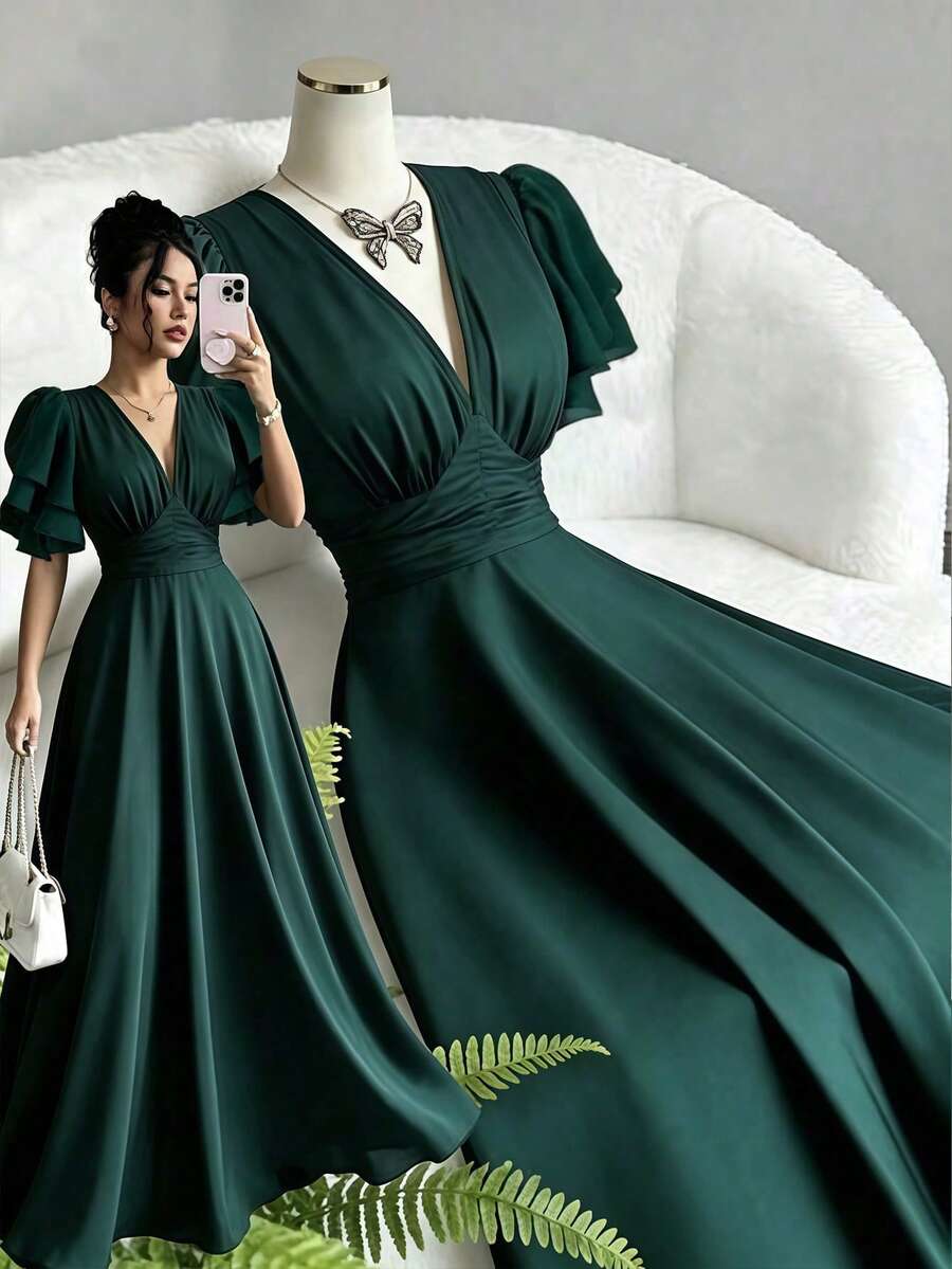 Elenzga Women's Summer Elegant Dark Green Shirred Waist Fit And Flare Dress,Sophisticated Party Cocktail Gown,Versatile Gathered Design For Date&Beach Wear - Dark Green - View 1