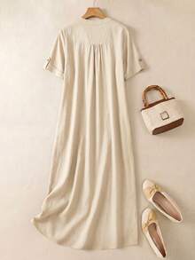 Rusticease Women's Summer Casual Teachers' Day Daily Vacation Brunch Office Commute Minimalist Solid Color Roll Tab Sleeve Pleated Loose Button-Front Dress - Apricot - View 2