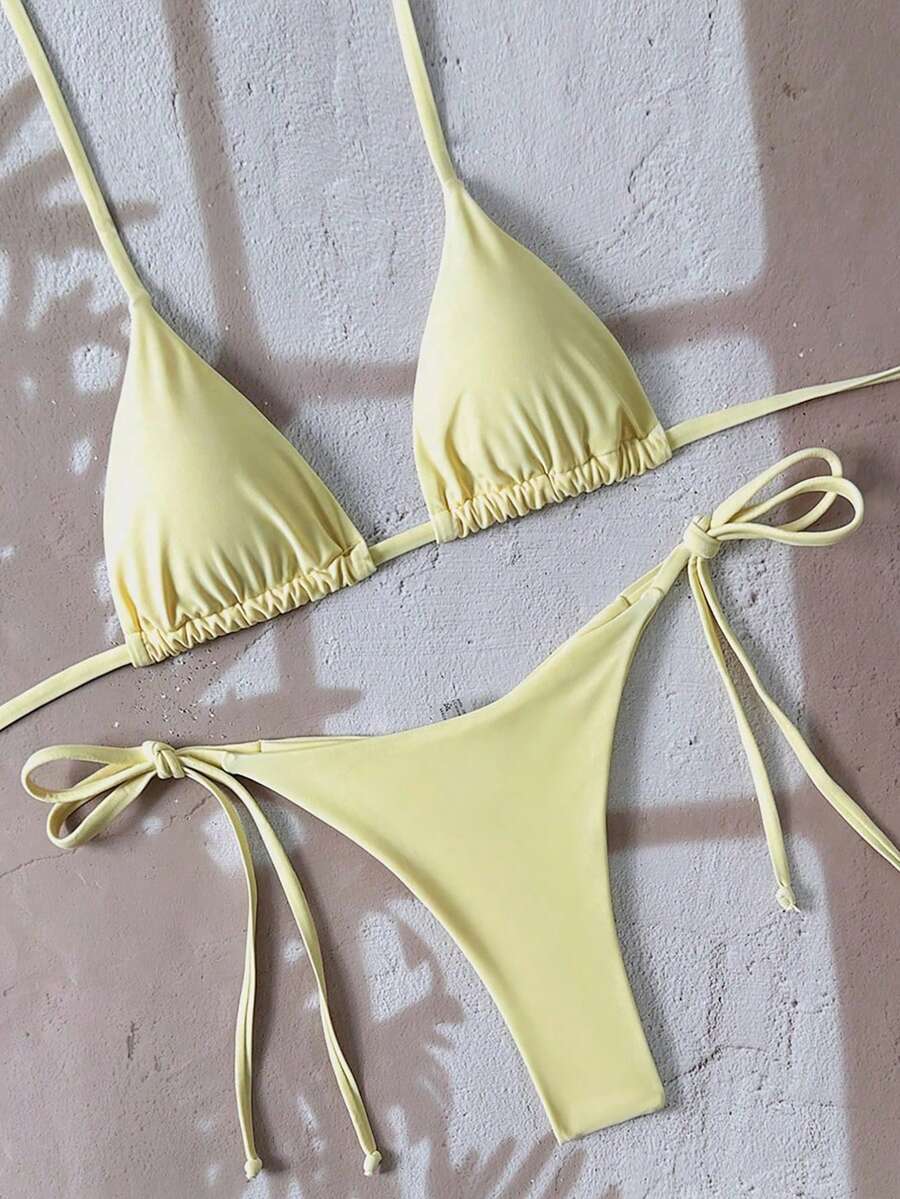 Swim Vcay 女士纯色露背系带性感丁字裤比基尼套装 - 鵝黃色 - 查看 1