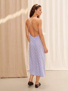 lacRébo Vestido midi de tirantes con estampado floral lila, abertura lateral y espalda abierta, vestido de satén casual de verano para vacaciones y noche - Púrpura malva - Ver 2