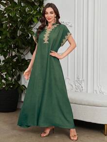 Al Najma Embroidered Collar Flower Shoulder Sleeve Small Stand Collar Elegant Dress - Dark Green - View 7