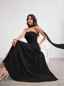 Modelyn Women's Long Strapless Pale Yellow Asymmetrical Ribbon Scarf Neck Elegant Charming Umbrella Hem Dress For Spring And Summer - Black - View 7