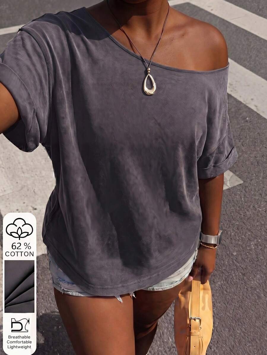 Muchica Plus Size T-Shirts For Women,Grey Summer Smart Casual Everyday Tee, Breathable Lightweight,Chic Y2k Style For Daily Commute,Date,Party,Vacation - Dark Grey - View 1