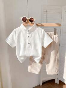 SHEIN Playful Pals Baby Boy Summer Casual Solid Color Shirt And Striped Pants Set - White - View 1