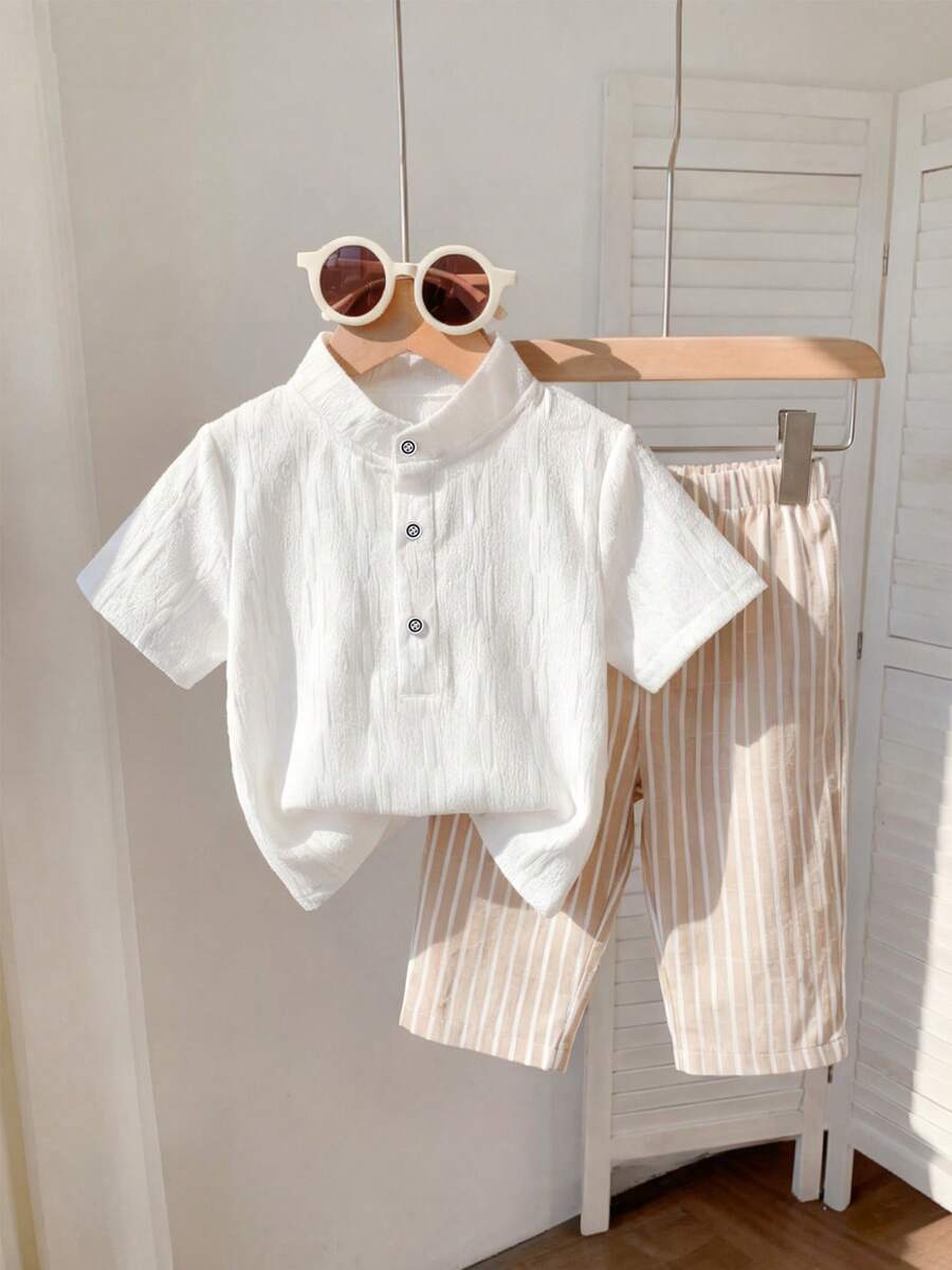 SHEIN Playful Pals Baby Boy Summer Casual Solid Color Shirt And Striped Pants Set - White - View 1