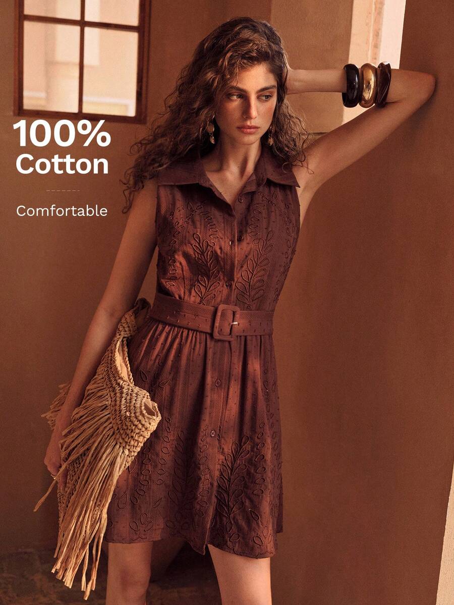 MOTF PREMIUM WOMEN'S SPRING/SUMMER LINEN-STYLE 100% COTTON EMBROIDERED SHORT VACATION DRESS - Brown - View 2