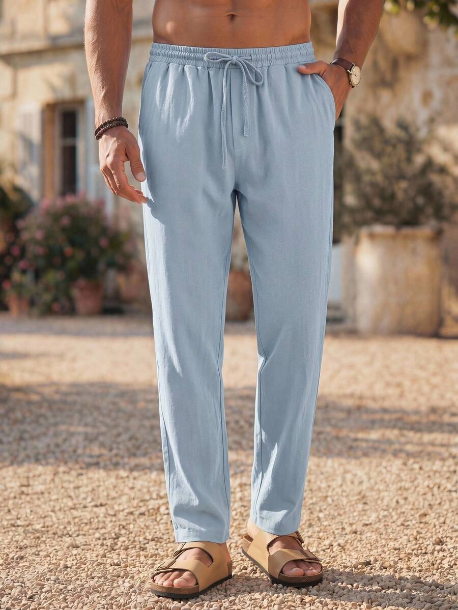 HIMLAND Men's Woven Solid Color Linen Pants,Light Blue,Autumn,Casual,Vacation,Holiday Beach Business Relaxed Daily Spring Pants For Men