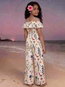 SHEIN Tween Girls Off-Shoulder Jumpsuit, Summer Beach, Bohemian Floral Print, Vacation, Daily, Casual - White - View 2