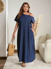 Breezaya Plus Size Women's Off-Shoulder Split Design Casual Party Vacation Denim Dress Navy Blue Autumn - Blue - View 4