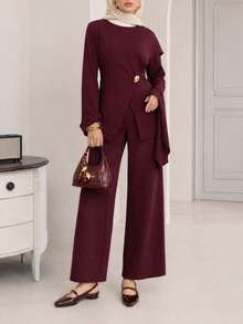 Solavon Women's Solid Color Round Neck Long Sleeve Shirt With Metallic Waist Decor, Elegant - Burgundy - View 4