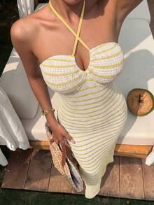 Sunnyshic Abito da donna a righe con scollo a U senza spalline, design con laccio, vita definita, effetto snellente, sexy, stile estivo europeo e americano per spiaggia, festa e vacanza - Giallo d'oca - Visualizzare 5