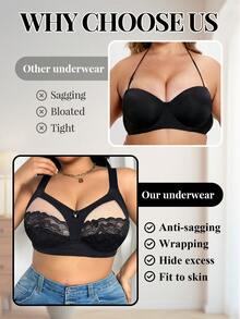 DesireSculpt Plus Size Adjustable Lace Contrast Mesh Comfortable Bra, Spaghetti Strap, Lift Support, Wireless, For Large Bust - Black - View 4