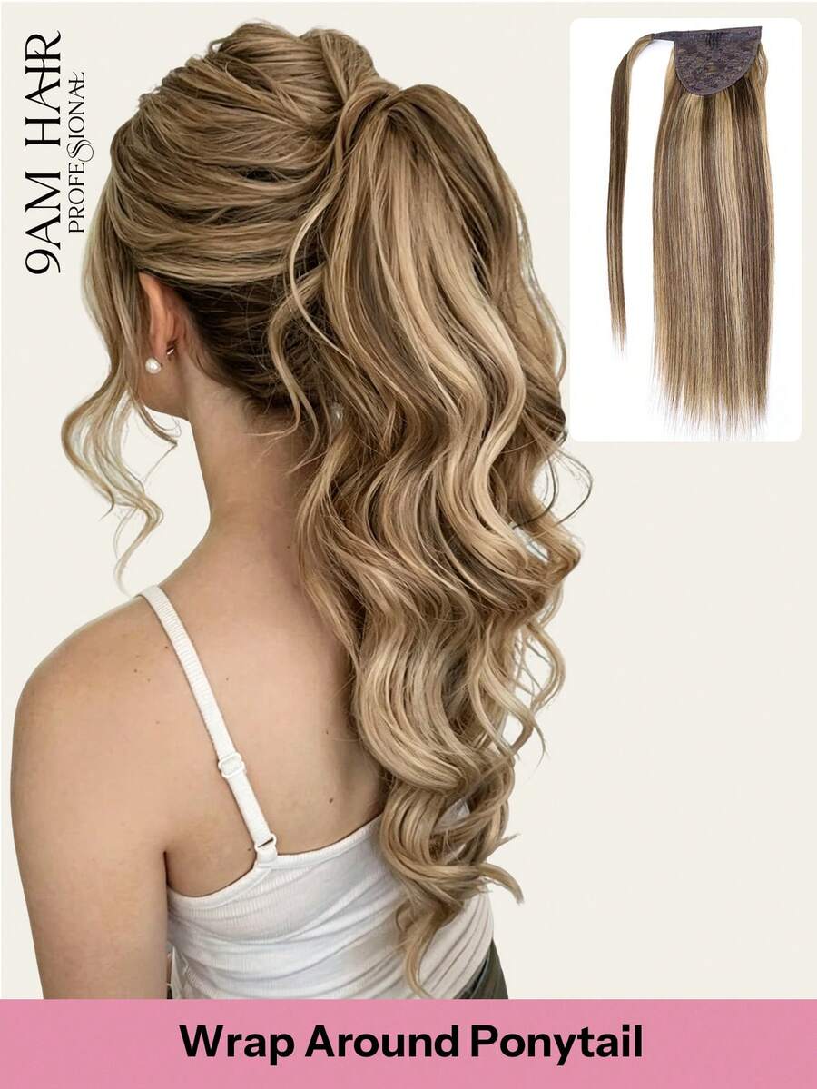 Pony Tails Real Hair Extension Ponytail Extension Human Hair Medium Brown Highlighted Strawberry Blonde Hair Extensions Invisible Wrap Around Ponytail Human Hair For Women Daily Work - SP4/27 - View 1