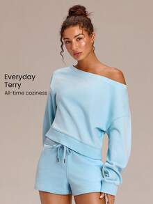 GLOWMODE Everyday Terry GlowOff Soft Breathable Sweat-Wicking Oversized Loose Fit Off-Shoulder Pullover Sweatshirt Daily Casual Wear - Blue Day - View 1