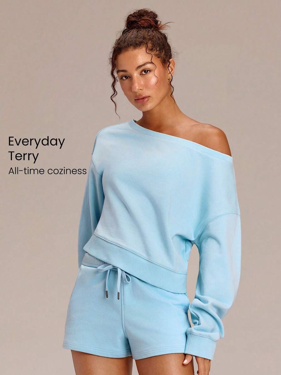 GLOWMODE Everyday Terry GlowOff Soft Breathable Sweat-Wicking Oversized Loose Fit Off-Shoulder Pullover Sweatshirt Daily Casual Wear - Blue Day - View 1