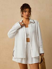 Levarali Plus Size Women's Vacation Casual Pure Cotton Shirt And Shorts 2 Pieces Set Beach White Autumn - Beige - View 5