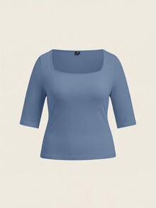 SHEIN BASICS Plus Size Summer Casual Versatile Solid Color Short Sleeve T-Shirt Date Night Brunch Dusty Blue - Dusty Blue - View 7