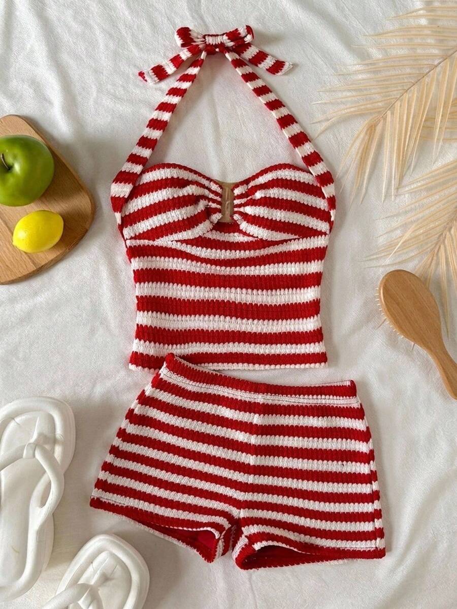 SHEIN Tween Girl Matching Casual Minimalist Comfortable Striped Tank Top And Shorts Set Tween Girl - Red - View 1