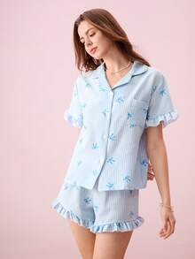 Bonmuse 夏季女士短款睡衣套装 - 蓝色蝴蝶结短袖纽扣领上衣和裤子，柔软亲肤睡衣，可机洗，可户外穿着 - 白色 - 查看 5