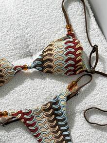 Swim Vcay Set Bikini Wanita Jacquard Musim Semi/Panas dengan Tali Leher Model Halter dan Hiasan Manik-manik - MultiWarna - View 5