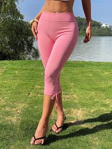 SHEIN 1件女款粉色3/4長度無縫針織舒適彈性瑜伽跑步單車健身戶外休閒緊身褲 蝴蝶結抽繩彈性高腰提臀可穿戴 新款熱銷 春夏秋冬適用 - 粉色 - 查看 5