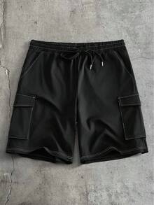 AXEPEAK 男士夏季大码休闲口袋前扣短袖衬衫短裤套装 - 黑色 - 查看 5