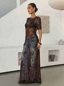 Lavishia Fashion Sexy Sheer Lace Dress - Brown - View 4