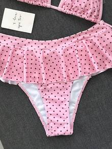 Swim Mod 女款海灘裝復古紅白波點印花對比飾邊性感微比基尼三角上衣超短比基尼裙時尚休閒度假甜美復古可愛性感女款泳衣套裝掛脖比基尼兩件式 - 淺粉色 - 查看 6