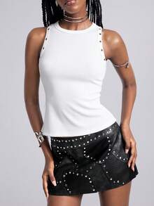 Airlisse Women Summer Punk White Rib Racer Back Tank, Double Shoulder Metal Rivets Large Back Cut Out With Adjustable Buckle Belt Slim Cropped Y2K  Top - White - View 3