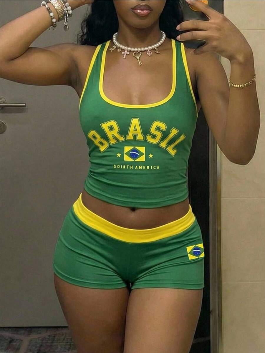 StreetHx 巴西黃綠國旗配色 BRASIL 字母印花 U領修身短版上衣 + 超短褲 2件組 - 彩色 - 查看 1