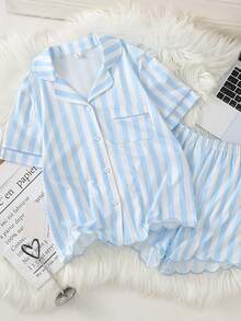 Girls' Pink And White Vertical Striped Short Sleeve Pajama Set, Sweet And Fresh Open Front Lapel Top With Wavy Hem And Leg Openings, Embroidered Casual Comfortable Loungewear For Spring And Summer - Blue - View 7