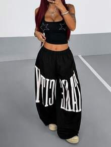 StreetHx Women's Street Retro Large Letter Print Loose Wide Leg Long Pants - Black - View 6