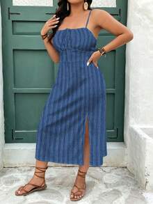 SHEIN Frenchy Casual Minimalist Style Faux Texture Dark Blue Fine Stripe All-Over Print Pattern Plus Size Women's Midi Dress Suitable For Spring/Summer Vacation - Multicolor - View 4