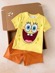 SpongeBob SquarePants | SHEIN 2件組趣味休閒風青少年男孩圓領短袖T恤與短褲舒適居家服套裝聯名款 - 彩色 - 查看 1