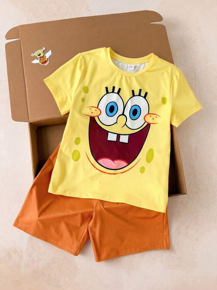 SpongeBob SquarePants | SHEIN 2件組趣味休閒風青少年男孩圓領短袖T恤與短褲舒適居家服套裝聯名款 - 彩色 - 查看 1