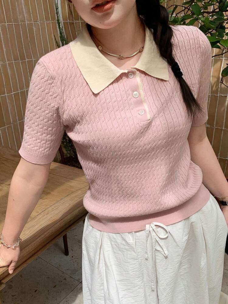 Dazy Plus Contrast Color Patchwork Polo Collar Preppy Style Fitted Pink Short Sleeve Plus Size Women's Spring Summer Autumn Knit Top