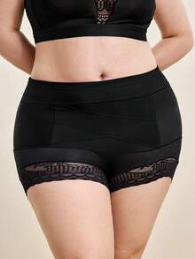 Hourtrue 1pc Seamless High Waist Shaping Panties, Plus Size Women Summer Lace Tummy Control Butt Lifting Shapewear - Black - View 1