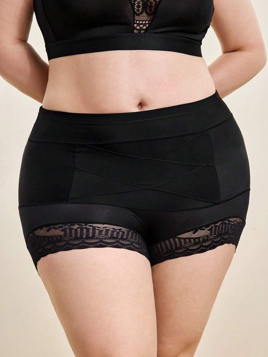 Hourtrue 1pc Seamless High Waist Shaping Panties, Plus Size Women Summer Lace Tummy Control Butt Lifting Shapewear - Black - View 1