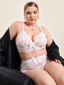 Hourtrue Plus Size Lace Patchwork Comfortable And Fashionable Sexy Bra And Panty Lingerie Set - White - View 12