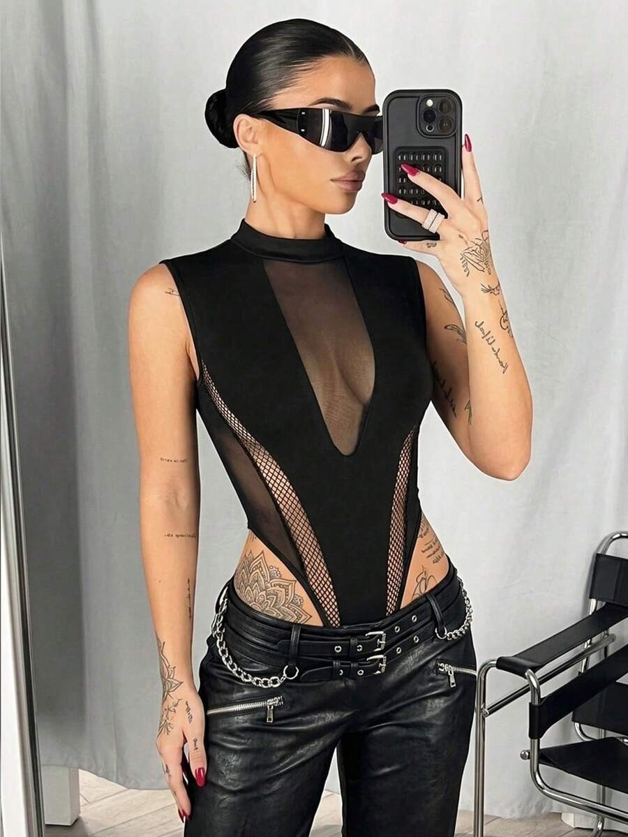 SHEIN ICON 立领网眼撞色修身长袖黑色紧身衣 - 黑色 - 查看 1
