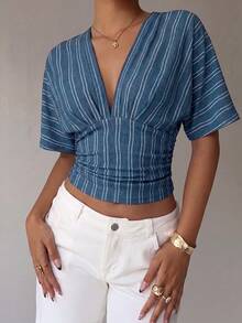 Aloruh Women's Summer Casual Striped Ruched Waist T-Shirt - White - View 3