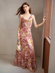 MOTF PREMIUM WOMEN'S SPRING/SUMMER MIXED ZEBRA STRIPED LEOPARD FLORAL PRINT STRUCTURED DESIGN LONG DRESS - Multicolor - View 6