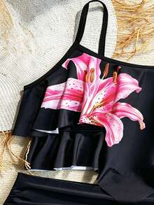 SHEIN Conjunto de traje de baño con estampado floral y volantes para chica adolescente, vacaciones en la playa - Multicolor - Ver 3